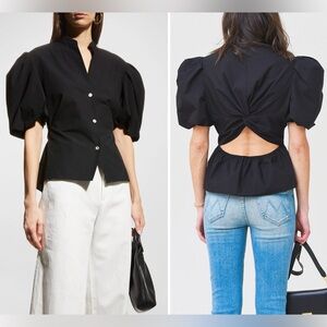 Vince Draped Puff Cutout Pleated Cotton-Poplin Blouse in Black Size 2